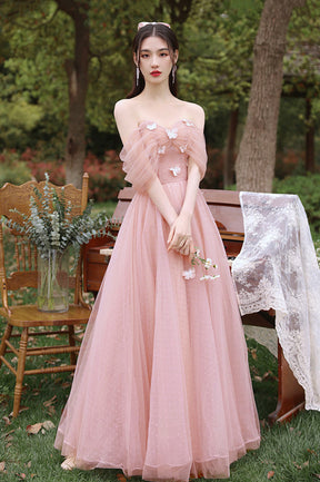 Pink Tulle Long A-Line Prom Dress, Cute Pink Evening Party Dress Pink Tulle Long A-Line Prom Dress, Cute Pink Evening Party Dress