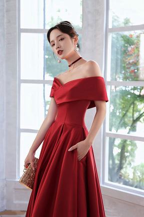Burgundy Satin Long A-Line Prom Dress, Simple V-Neck Evening Dress