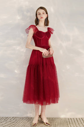 Burgundy Tulle Short Prom Dress, Cute A-Line Homecoming Party Dress
