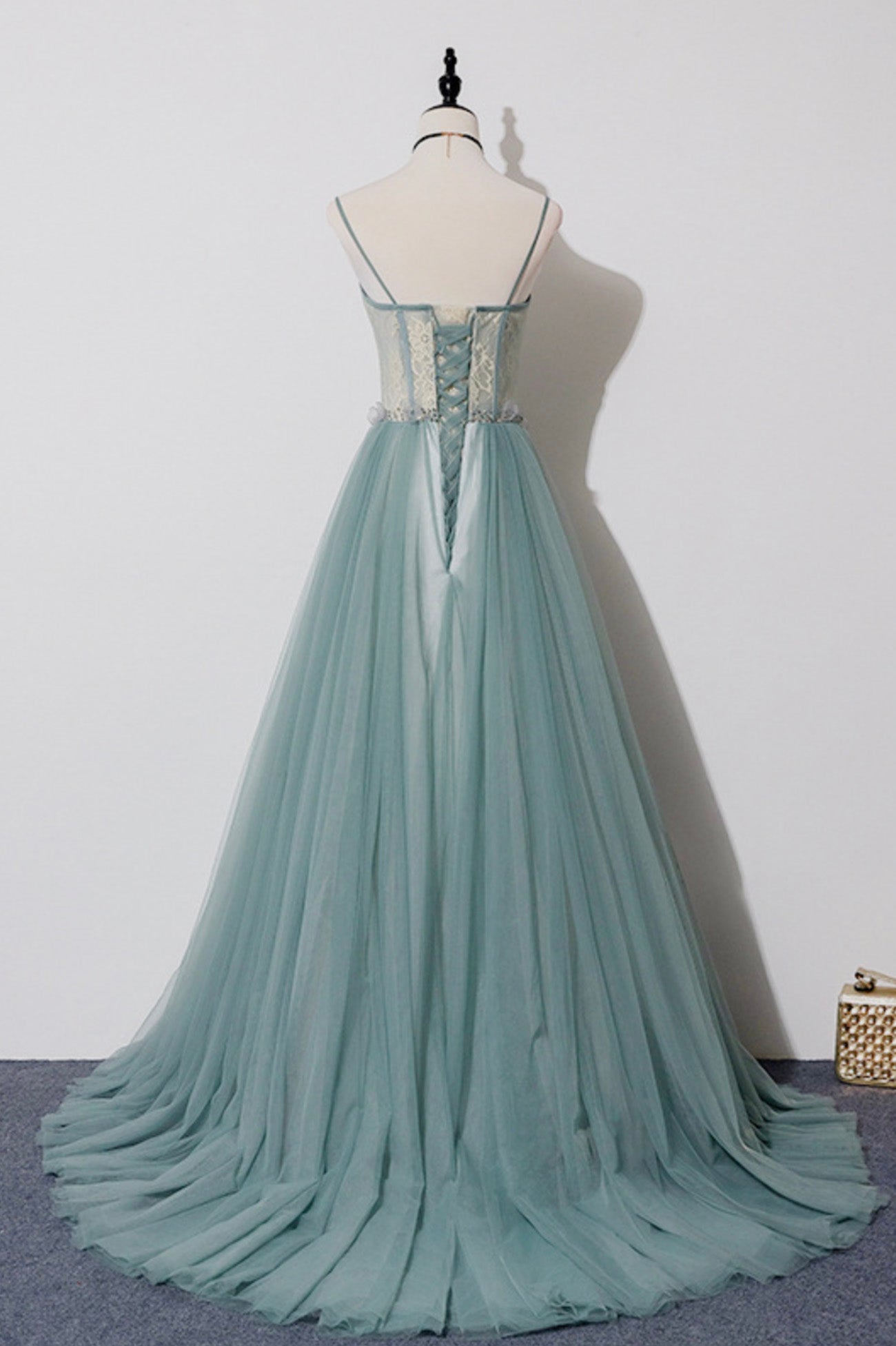 Green Tulle Lace Long A-Line Prom Dress, Spaghetti Strap Evening Dress