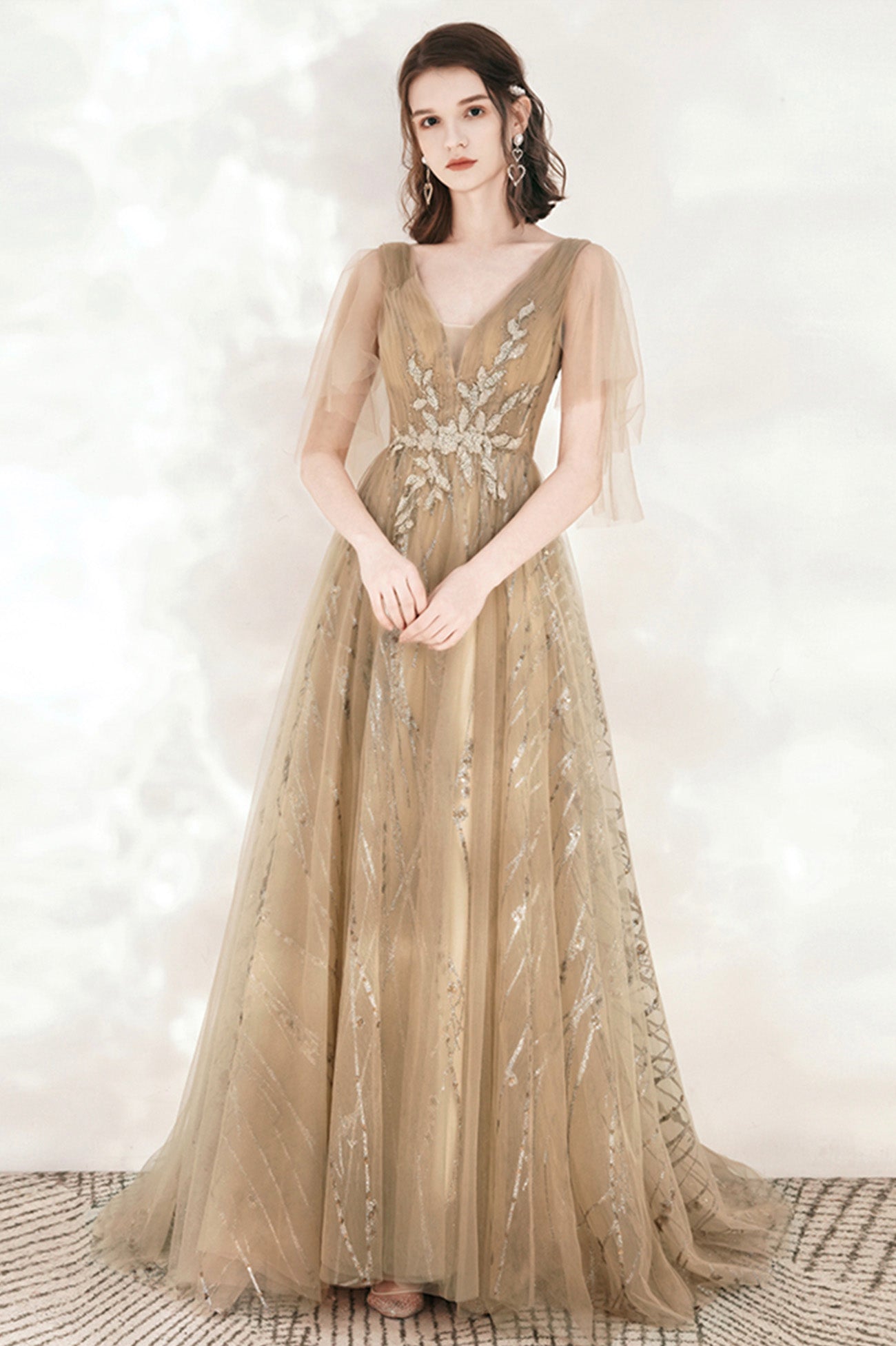 Champagne V-Neck Tulle Sequins Long Prom Dress, A-Line Party Dress