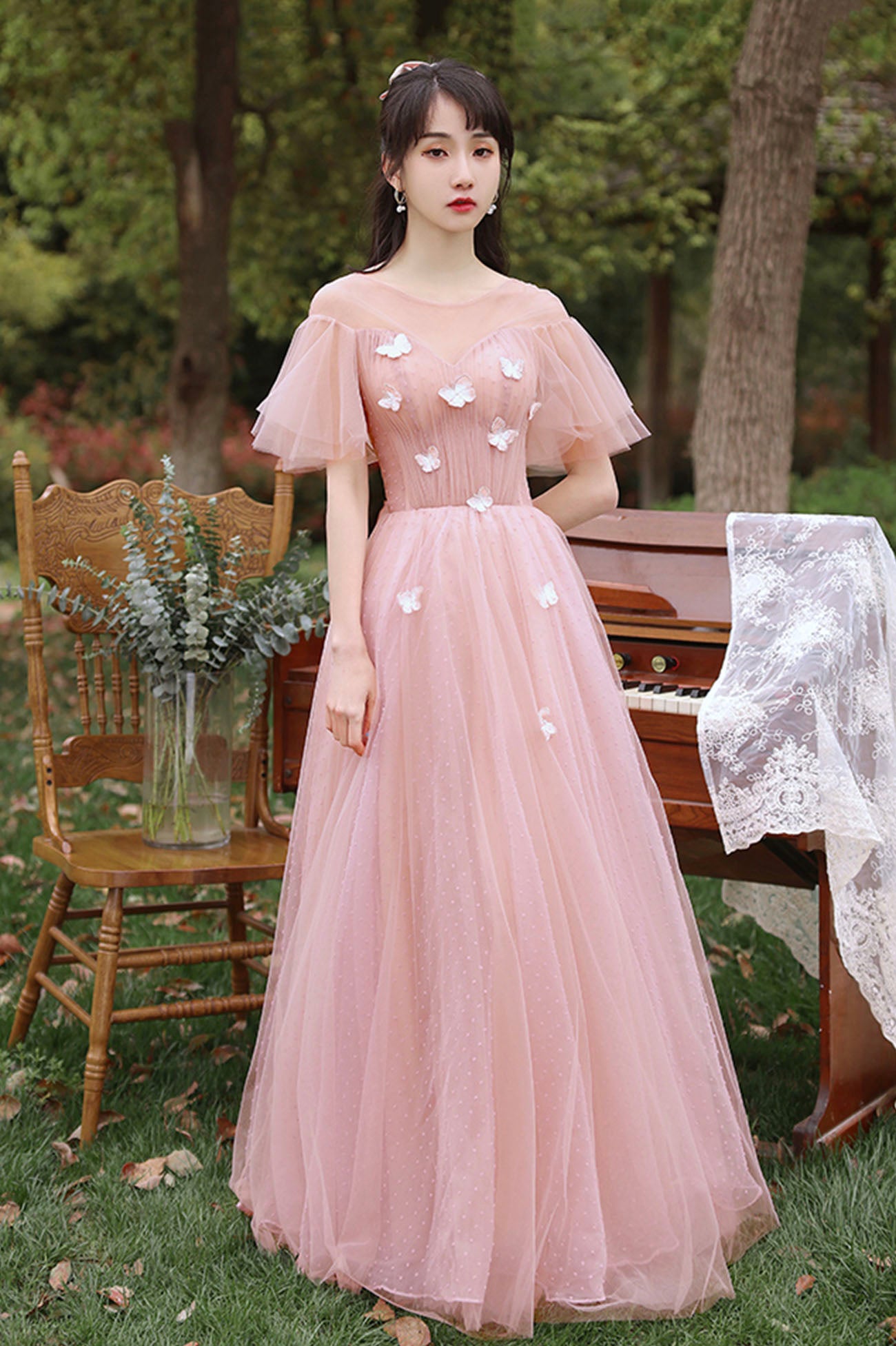 cute long dress Spring Floral Maxi | Blush Pink A-line Gown | Ruffle Shoulder Elegant Day Dress | Boho Chiffon Picnic Outfit for Spring & Summer Long Fabric Pink Tulle Long A-Line Prom