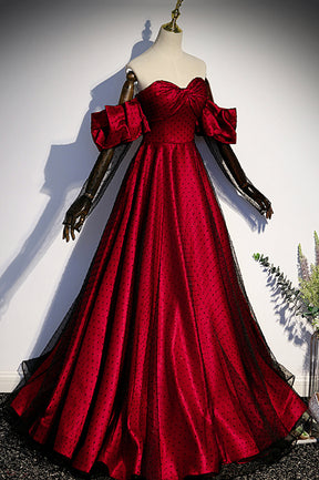 Burgundy Satin Tulle Long Prom Dress, Off the Shoulder Formal Evening Dress