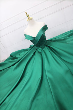 Green Satin Long A-Line Prom Dress, V-Neck Off the Shoulder Evening Dress