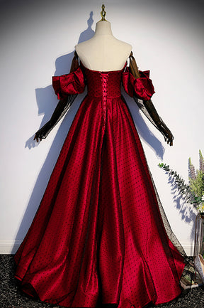 Burgundy Satin Tulle Long Prom Dress, Off the Shoulder Formal Evening Dress