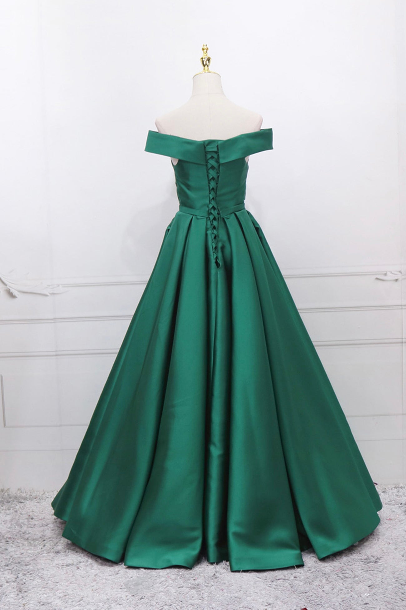 Green Satin Long A-Line Prom Dress, V-Neck Off the Shoulder Evening Dr Green Satin Long A-Line Prom Dress, V-Neck Off the Shoulder Evening Dr