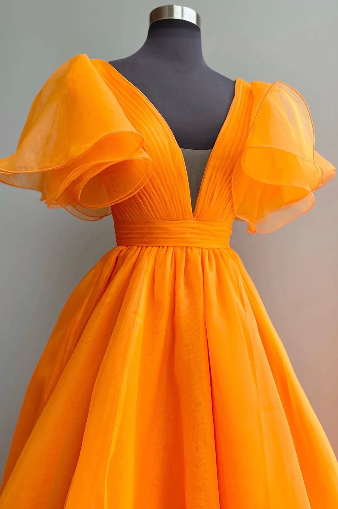 Orange V-Neck Long Prom Dress, Beautiful A-Line Short Sleeve Evening Dress