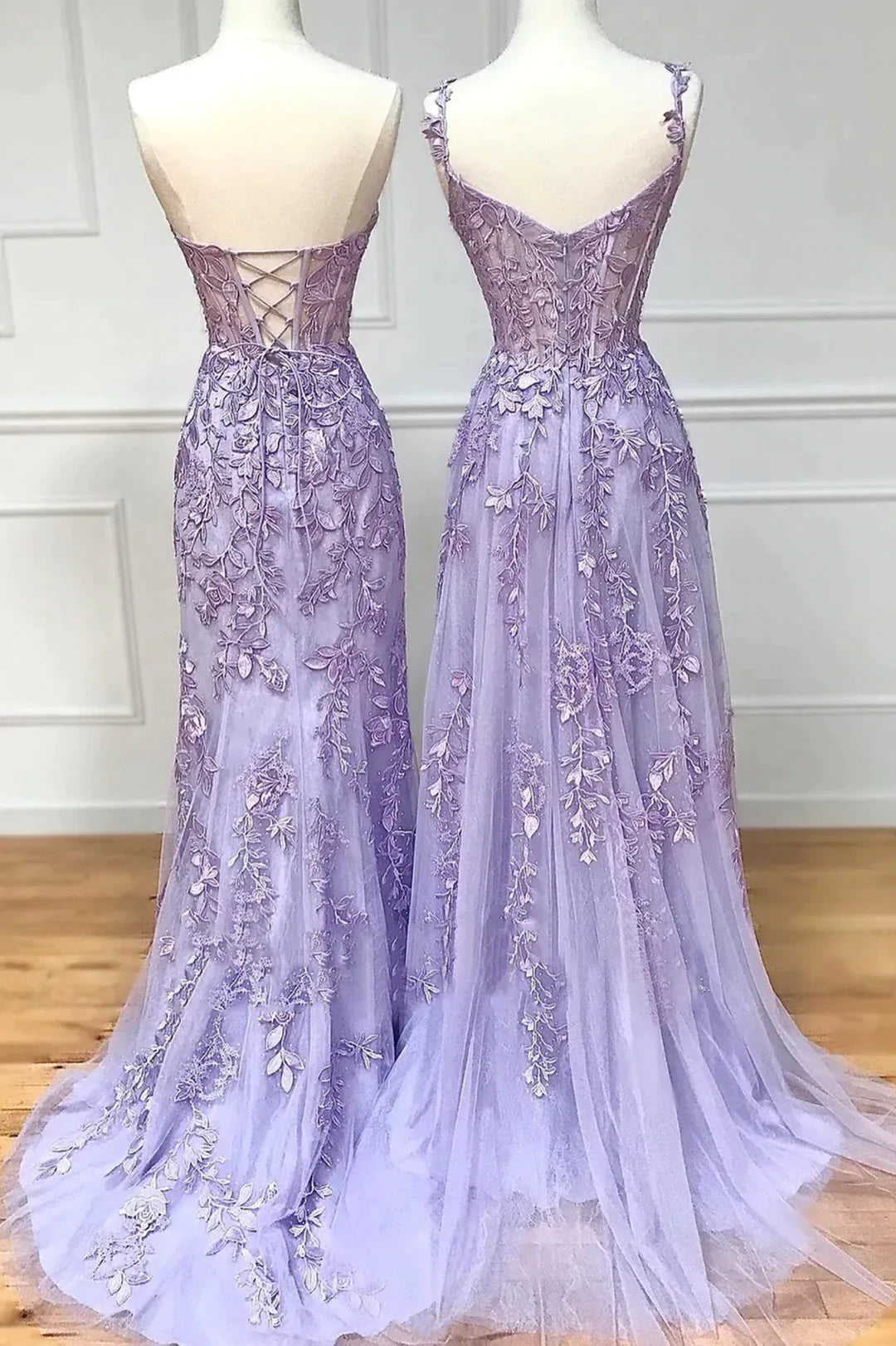 Purple Lace Long Prom Dress, Lovely Purple Sweetheart Neckline Evening