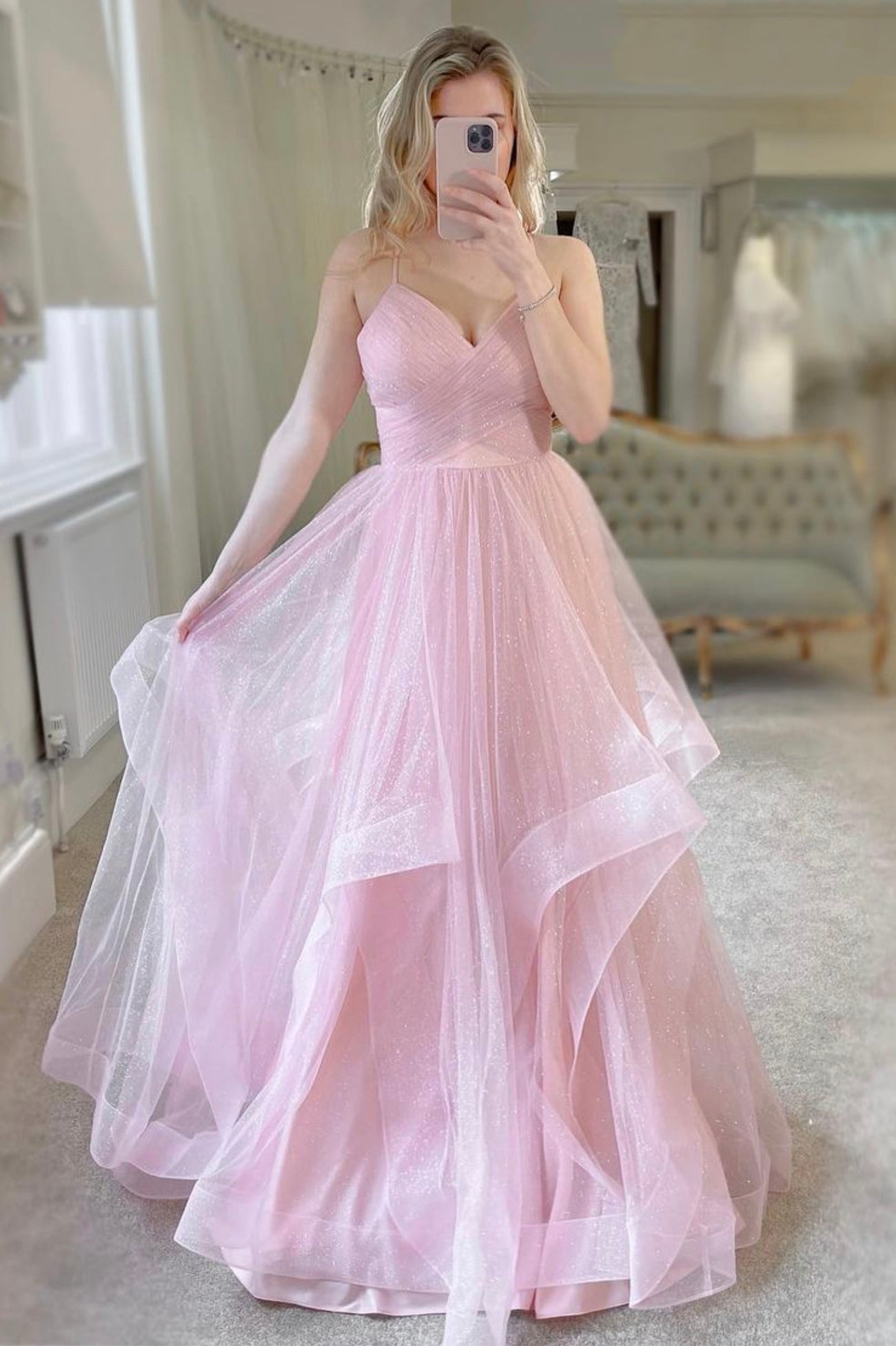 Pink V-Ncek Tulle Long Formal Dress, A-Line Evening Party Dress