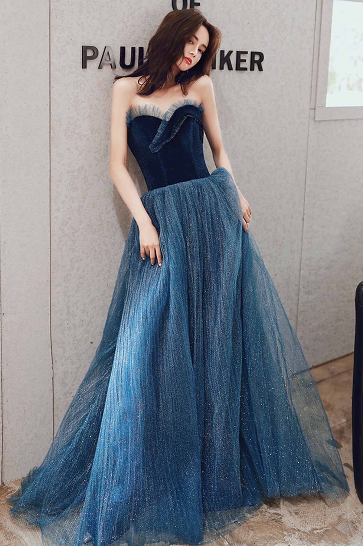 Blue Strapless Tulle Long Prom Dress, A-Line Evening Party Dress