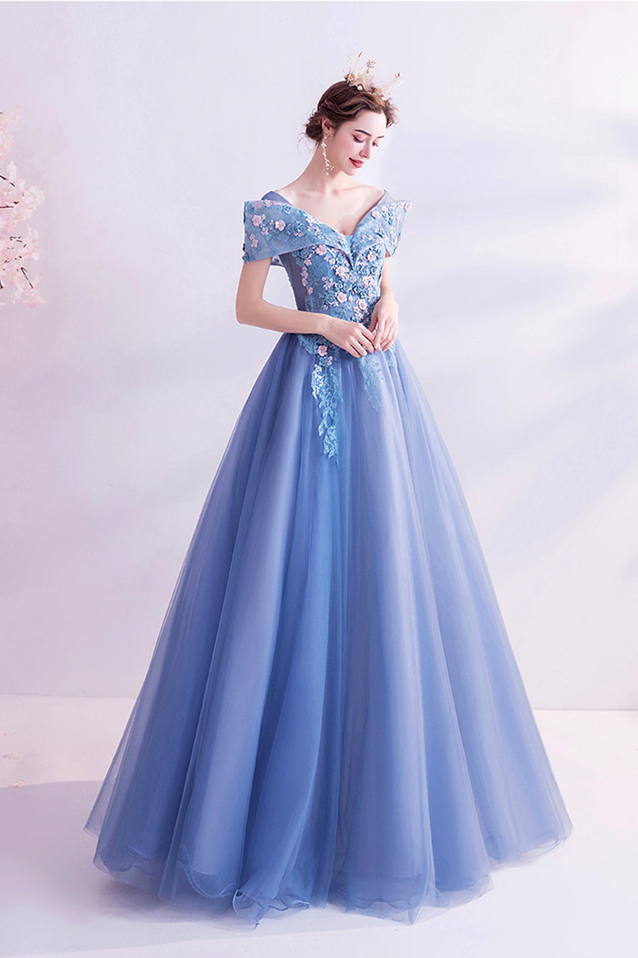 Blue Lace Off the Shoulder Prom Dress, A-Line Evening Graduation Dress