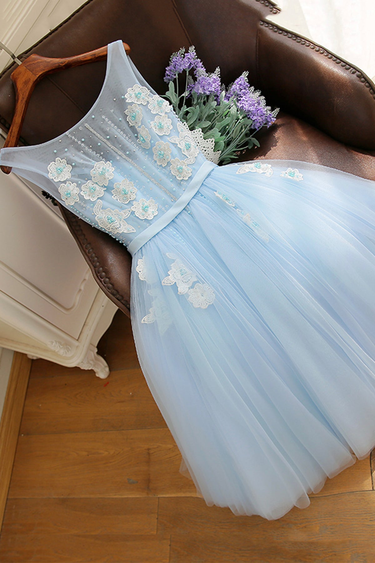 Blue Tulle Lace Short Prom Dress, A-Line Homecoming Party Dress