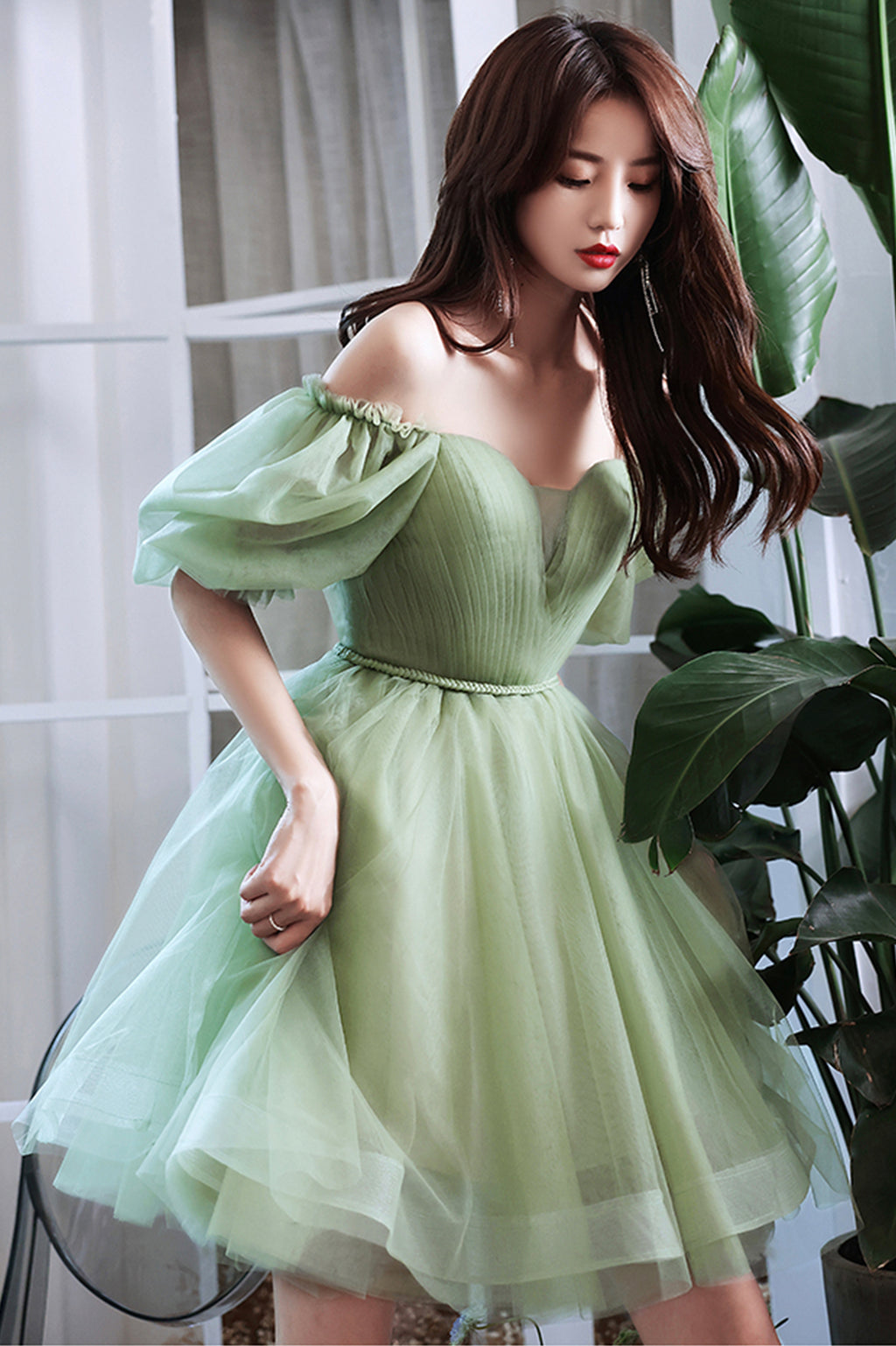 Green Tulle Short A-Line Prom Dress, Cute Short Sleeve Evening Party D Green Tulle Short A-Line Prom Dress, Cute Short Sleeve Evening Party D