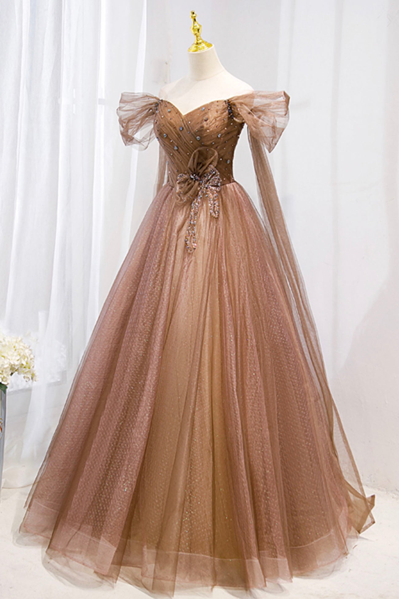 A-Line Tulle Beaded Long Formal Dress, Off the Shoulder Evening Dress
