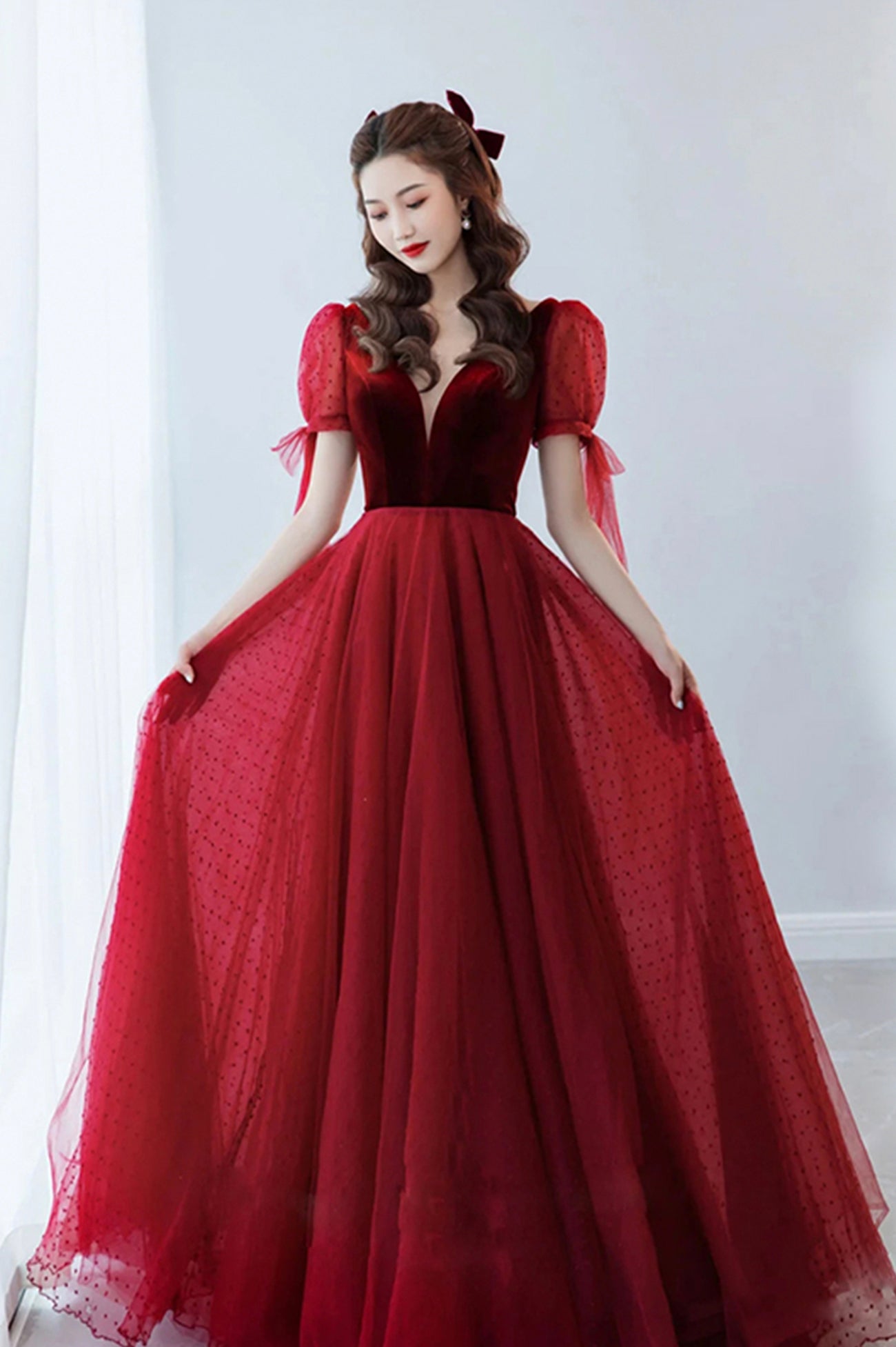 Burgundy Velvet Tulle Long A-Line Prom Dress, V-Neck Short Sleeve Party Dress