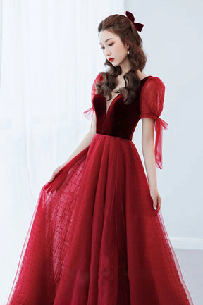 Burgundy Velvet Tulle Long A-Line Prom Dress, V-Neck Short Sleeve Party Dress