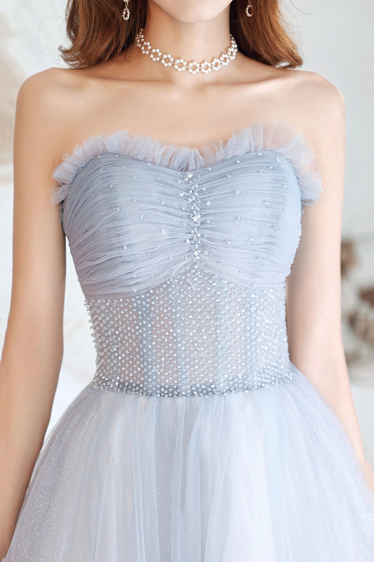Blue Tulle Long A-Line Prom Dress with Beaded, Blue Strapless Evening Dress