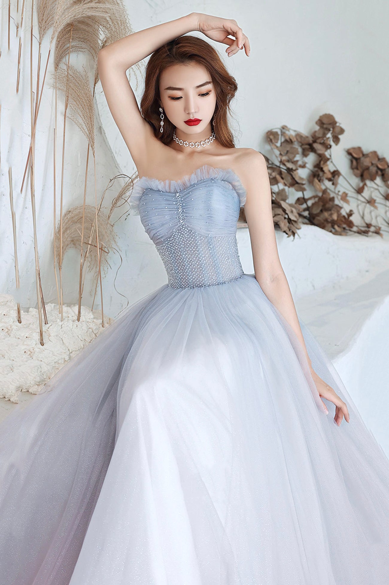 Blue Tulle Long A-Line Prom Dress with Beaded, Blue Strapless Evening Dress