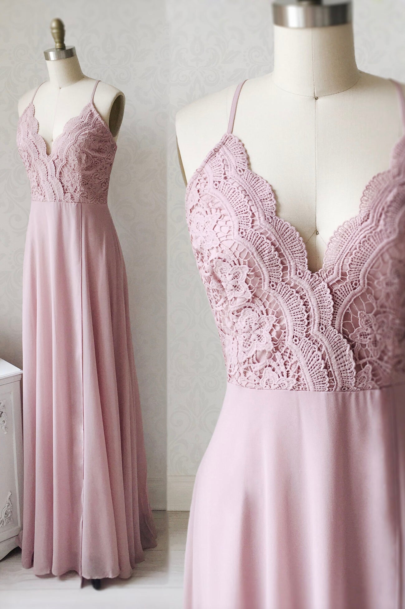 Pink Chiffon Lace Long A-Line Prom Dress, Pink V-Neck Evening Dress