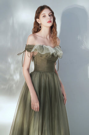Green Tulle Long Prom Dress, Lovely Off the Shoulder Graduation Dress
