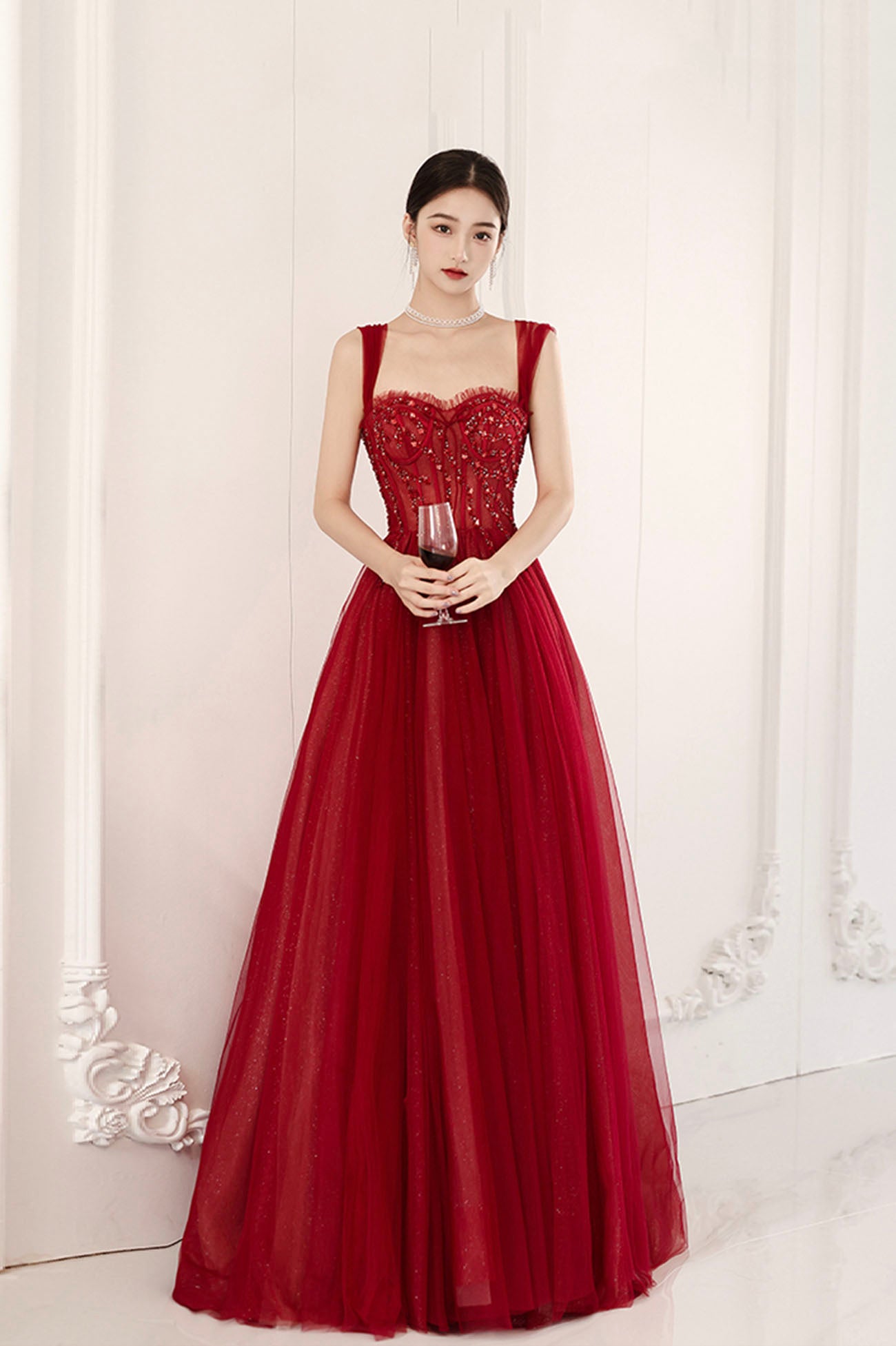 Red Off the Shoulder Tulle Long Formal Evening Dress, A-Line Sequins Party Dress