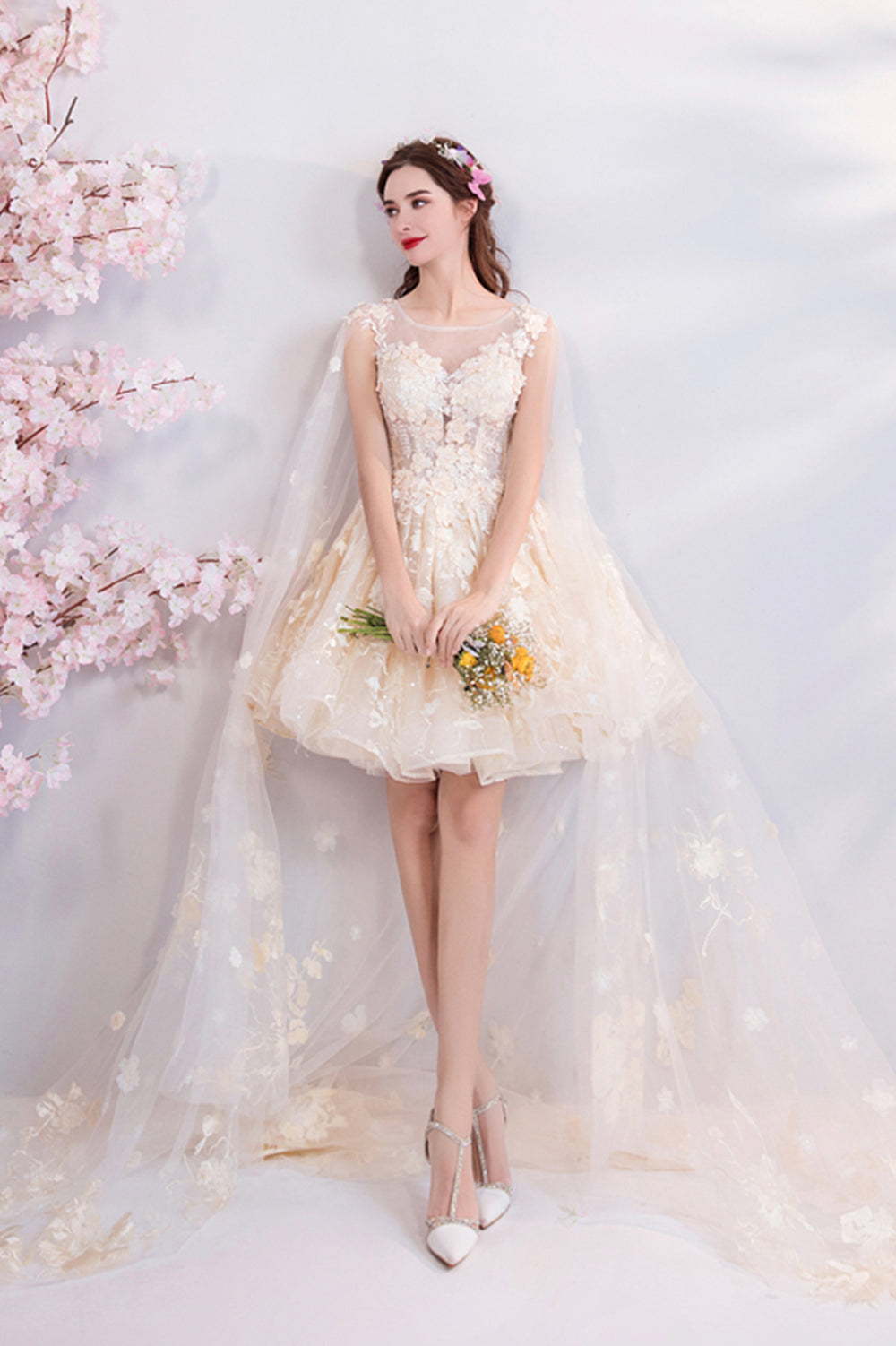 Champagne Scoop A-line Lace Appliques Prom Dress