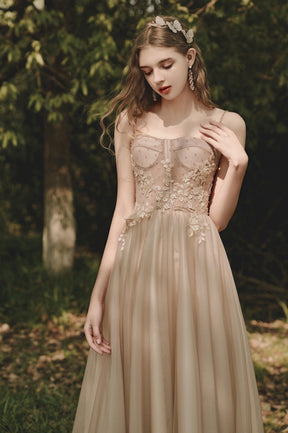 A-Line Tulle Lace Long Evening Dress, Cute Spaghetti Strap Prom Dress