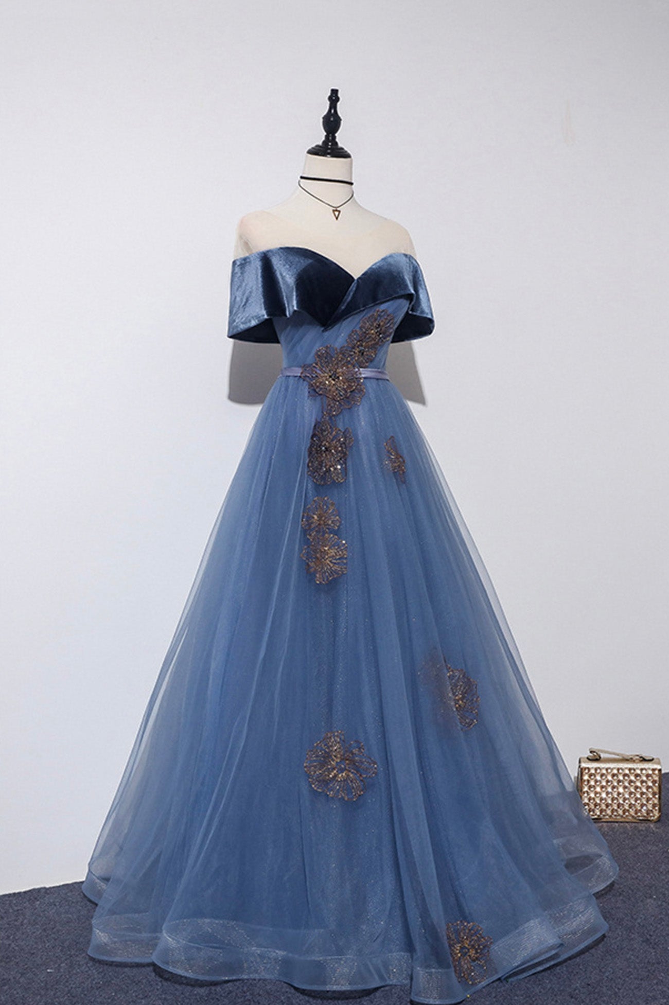 Blue Velvet Tulle Long A-Line Prom Dress, Off the Shoulder Evening Dress
