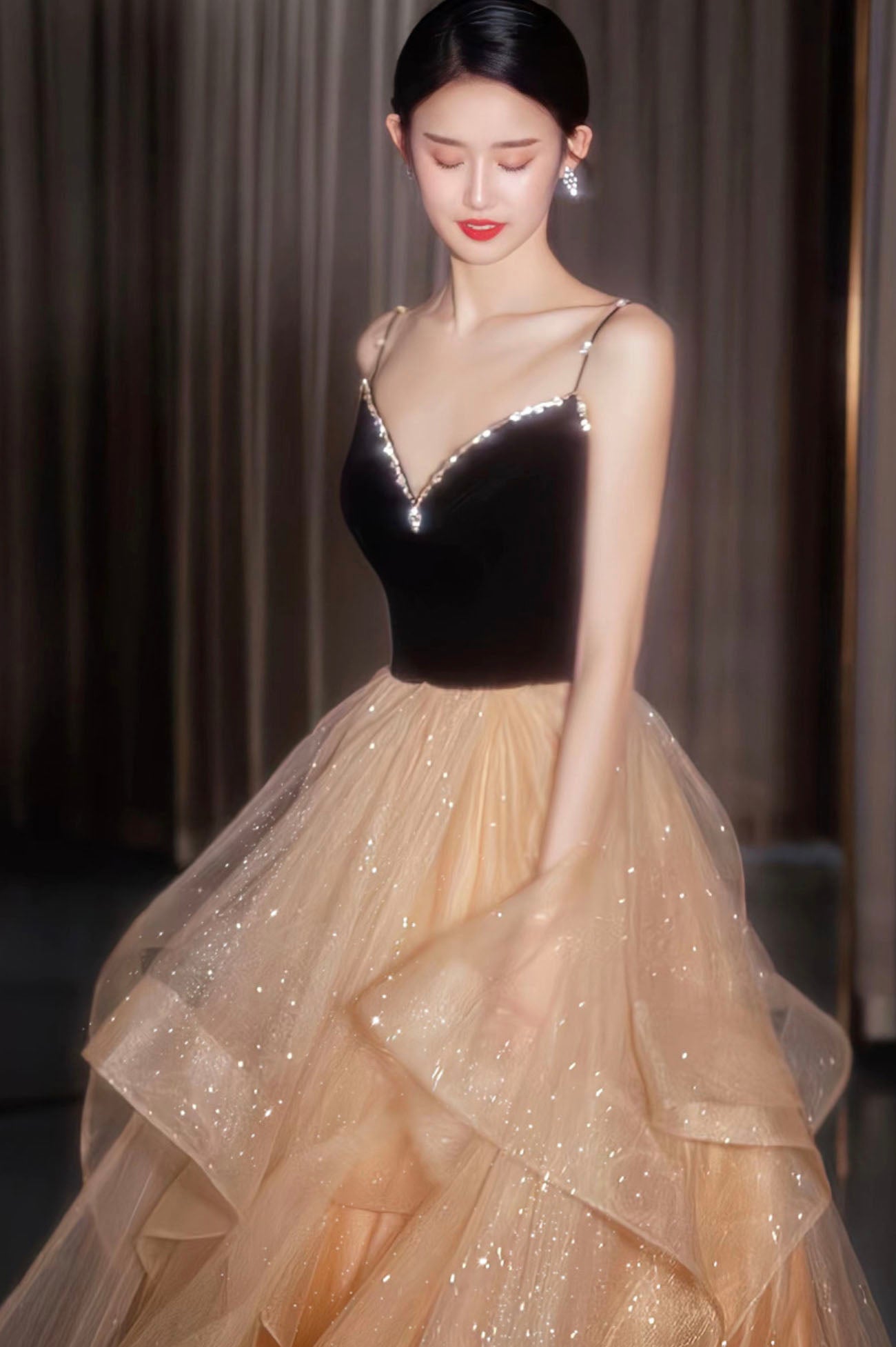 A-Line Velvet Tulle Long Prom Dress, Cute Spaghetti Strap Graduation Dress