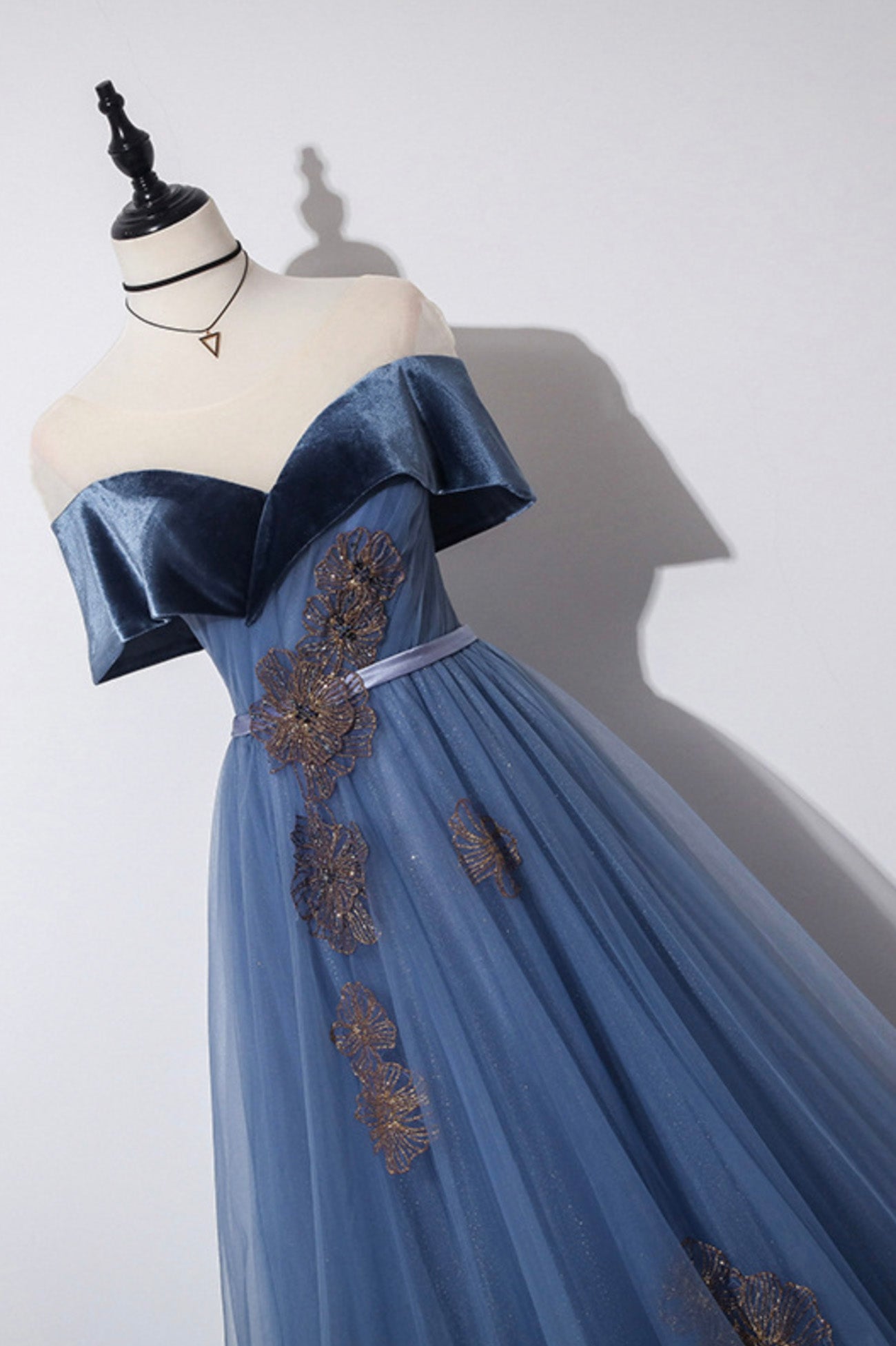 Blue Velvet Tulle Long A-Line Prom Dress, Off the Shoulder Evening Dress