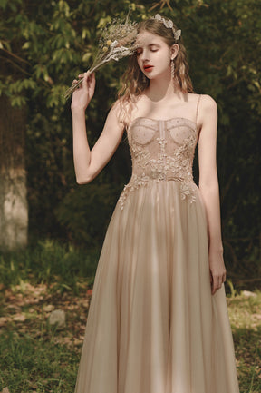 A-Line Tulle Lace Long Evening Dress, Cute Spaghetti Strap Prom Dress