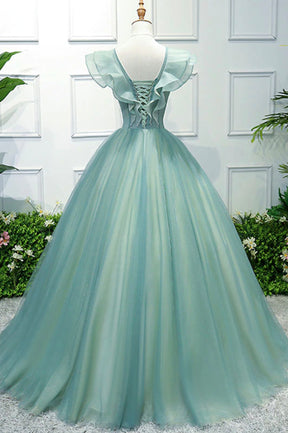 Green V-Neck Tulle Long A-Line Prom Dress, A-Line Evening Formal Gown
