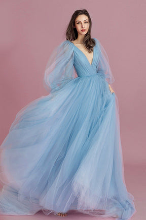 Blue V-Neck Tulle Long Prom Dress, Beautiful Puff Sleeve Evening Dress