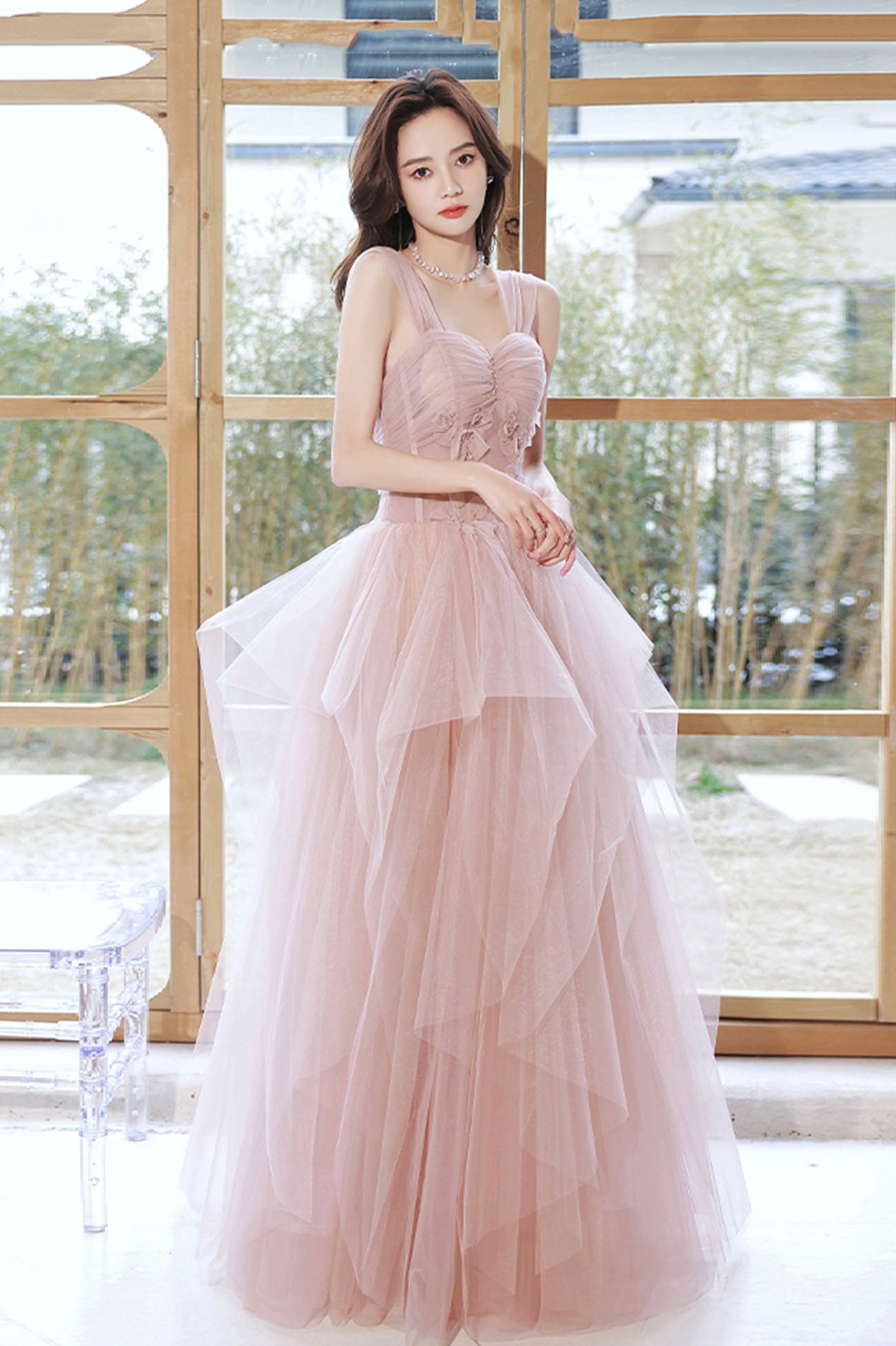 Pink Tulle Layers Floor Length Prom Dress, Cute Strapless Evening Party Dress