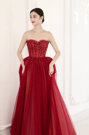 Red Off the Shoulder Tulle Long Formal Evening Dress, A-Line Sequins Party Dress