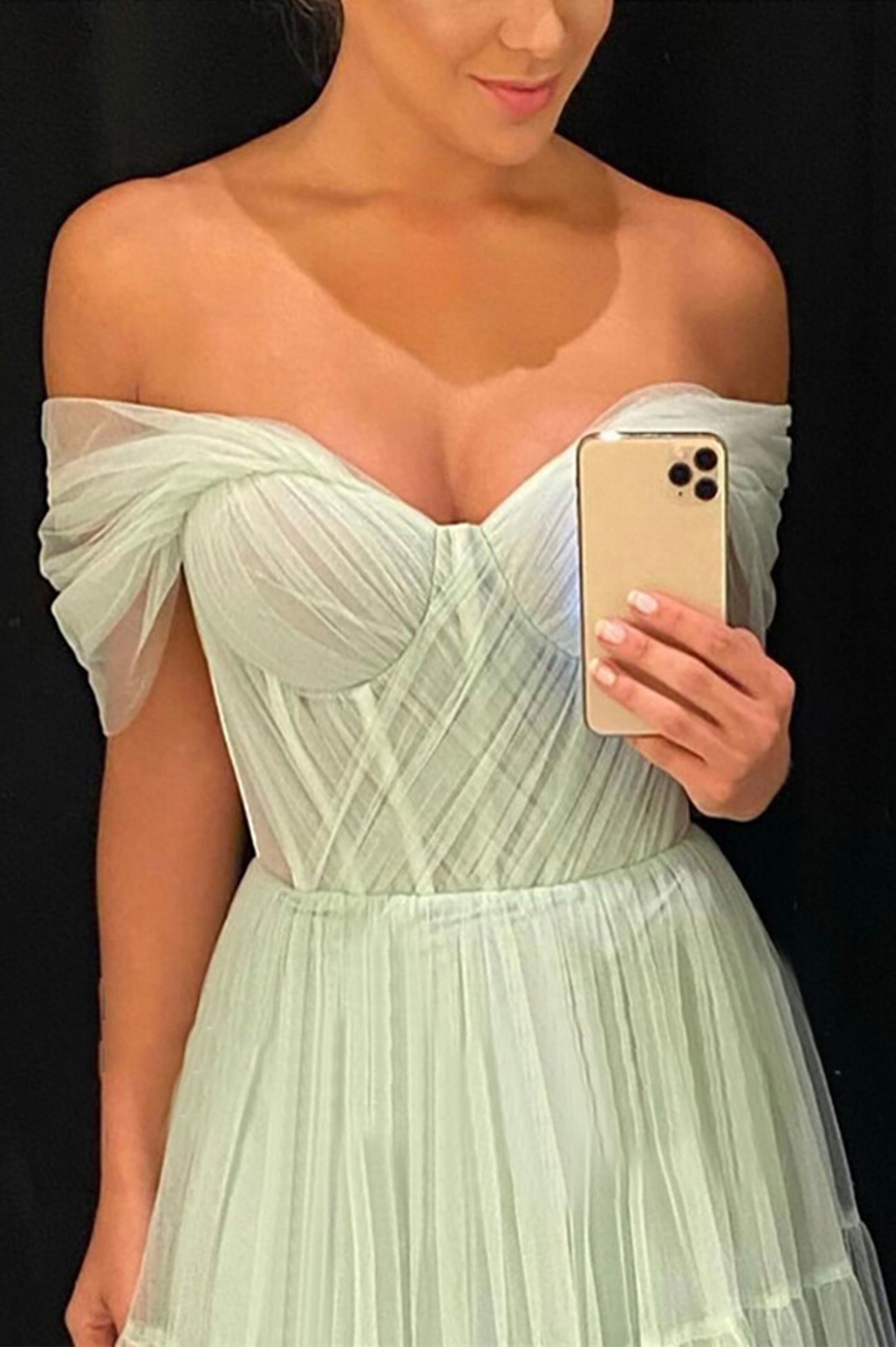 Green Tulle Long A-Line Prom Dress, Off the Shoulder Evening Party Dress