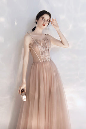 Pink Tulle Long A-Line Prom Dress with Lace, Pink Evening Party Dress