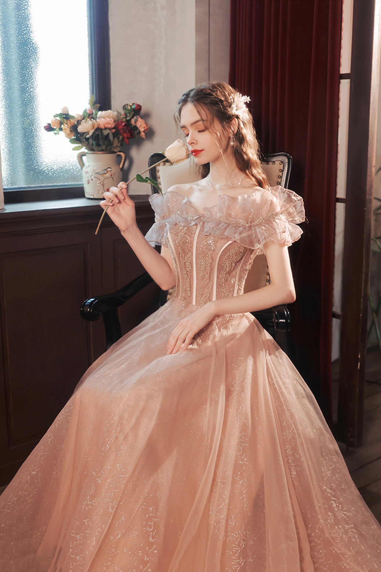 Pink Tulle Long A-Line Prom Dress with Sequins, Off the Shoulder Evening Party Dress