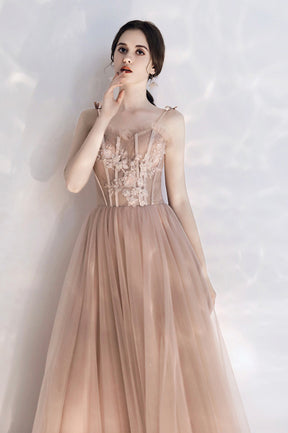 Pink Tulle Long A-Line Prom Dress with Lace, Pink Evening Party Dress