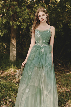 Green Tulle Long A-Line Prom Dress with Lace, Beautiful Spaghetti Strap Graduation Dress