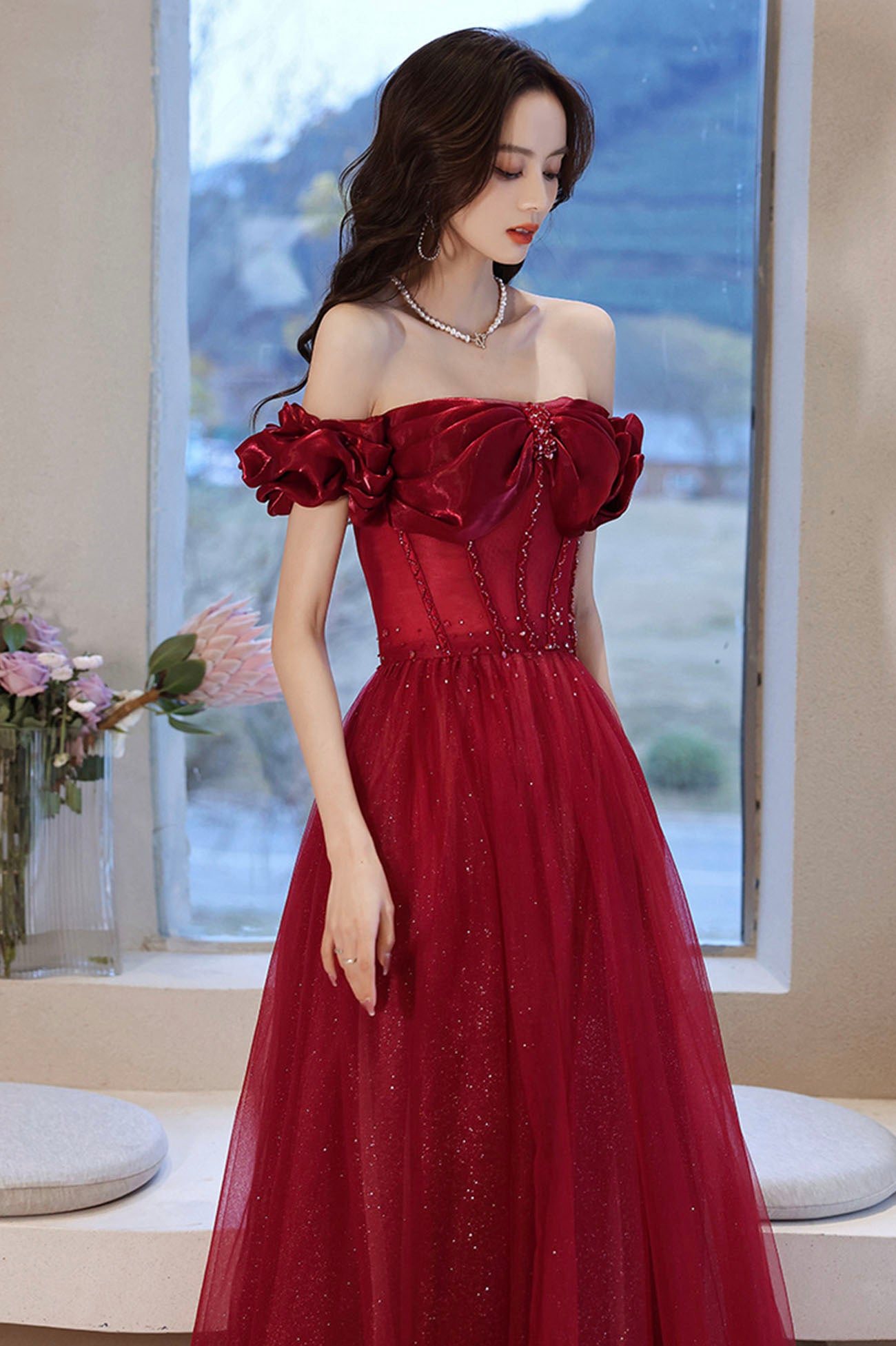 Burgundy Off the Shoulder Prom Dress Sparkly Party Dress, A-line Evening Dress