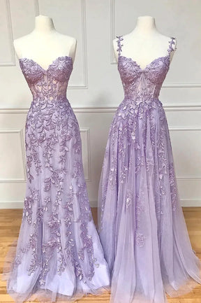 Purple Lace Long Prom Dress, Lovely Purple Sweetheart Neckline Evening Dress