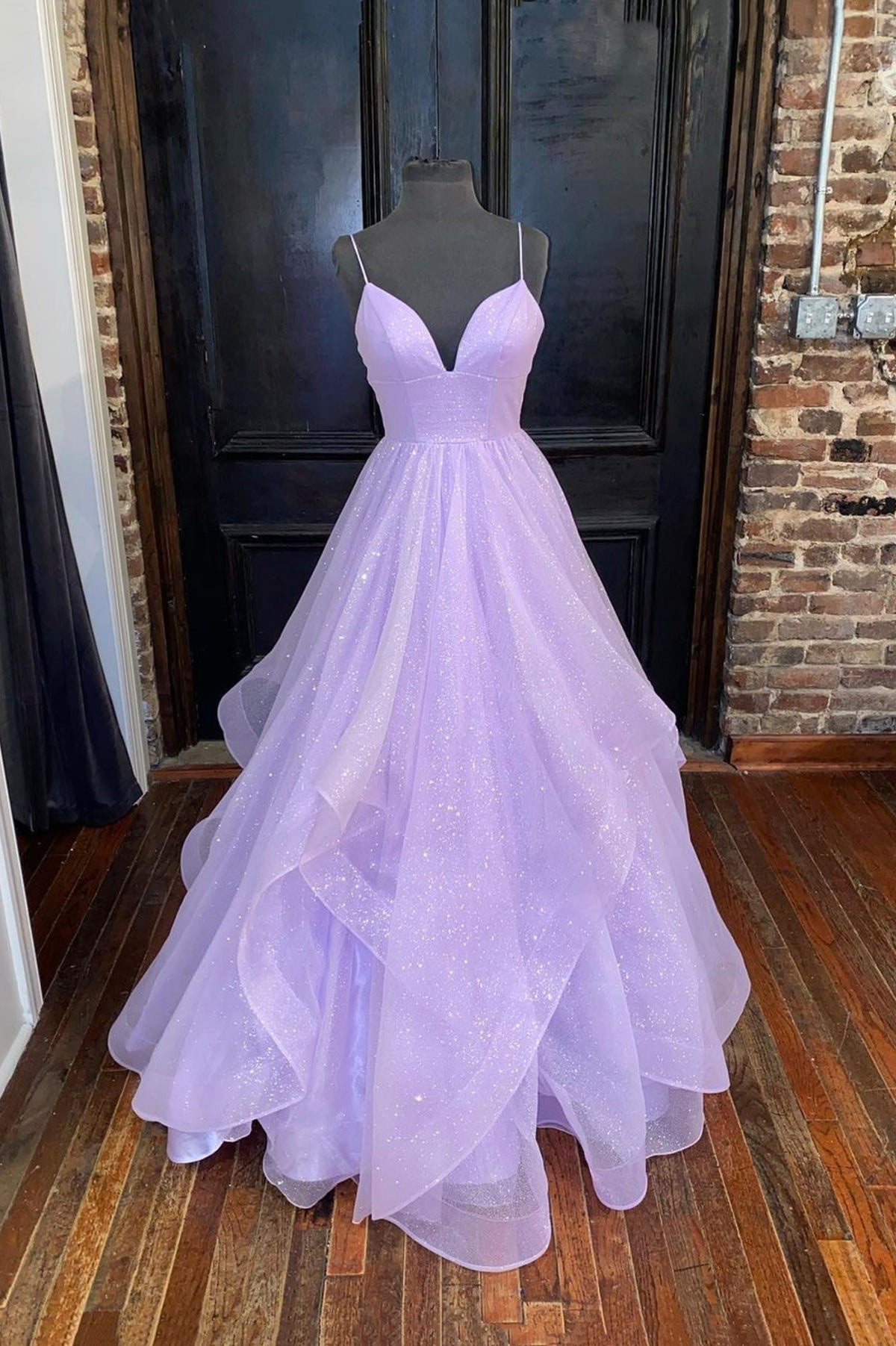 A-Line Lavender Shiny Tulle Prom Dresses, Long Spaghetti Strap Evening Dresses