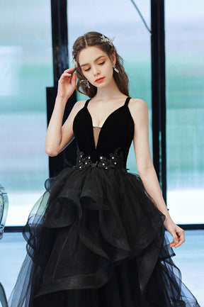 Black V-Neck Tulle Long Prom Dress, Black Graduation Dress with Lace