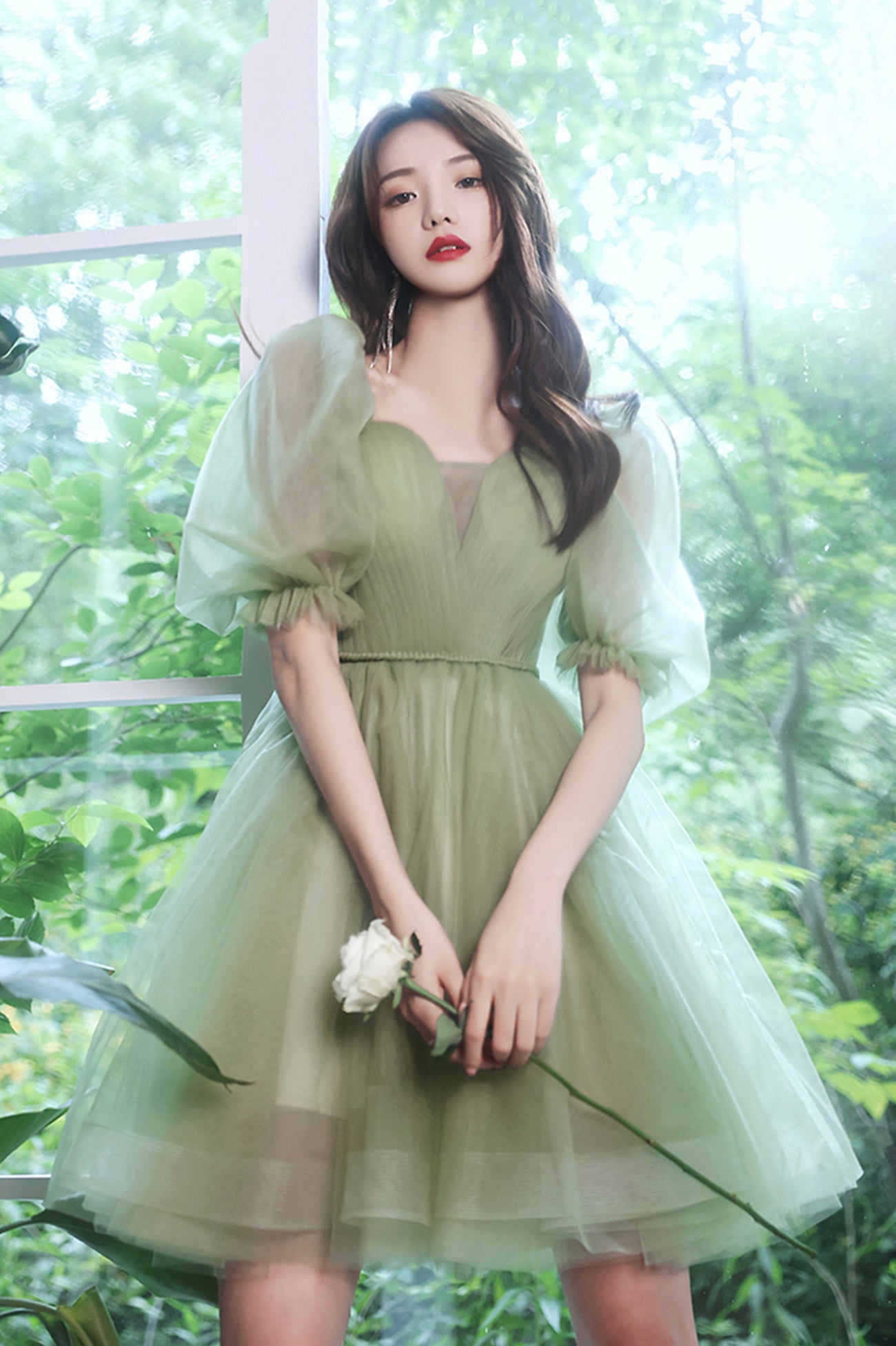Green Tulle Short A-Line Prom Dress, Cute Short Sleeve Evening Party Dress