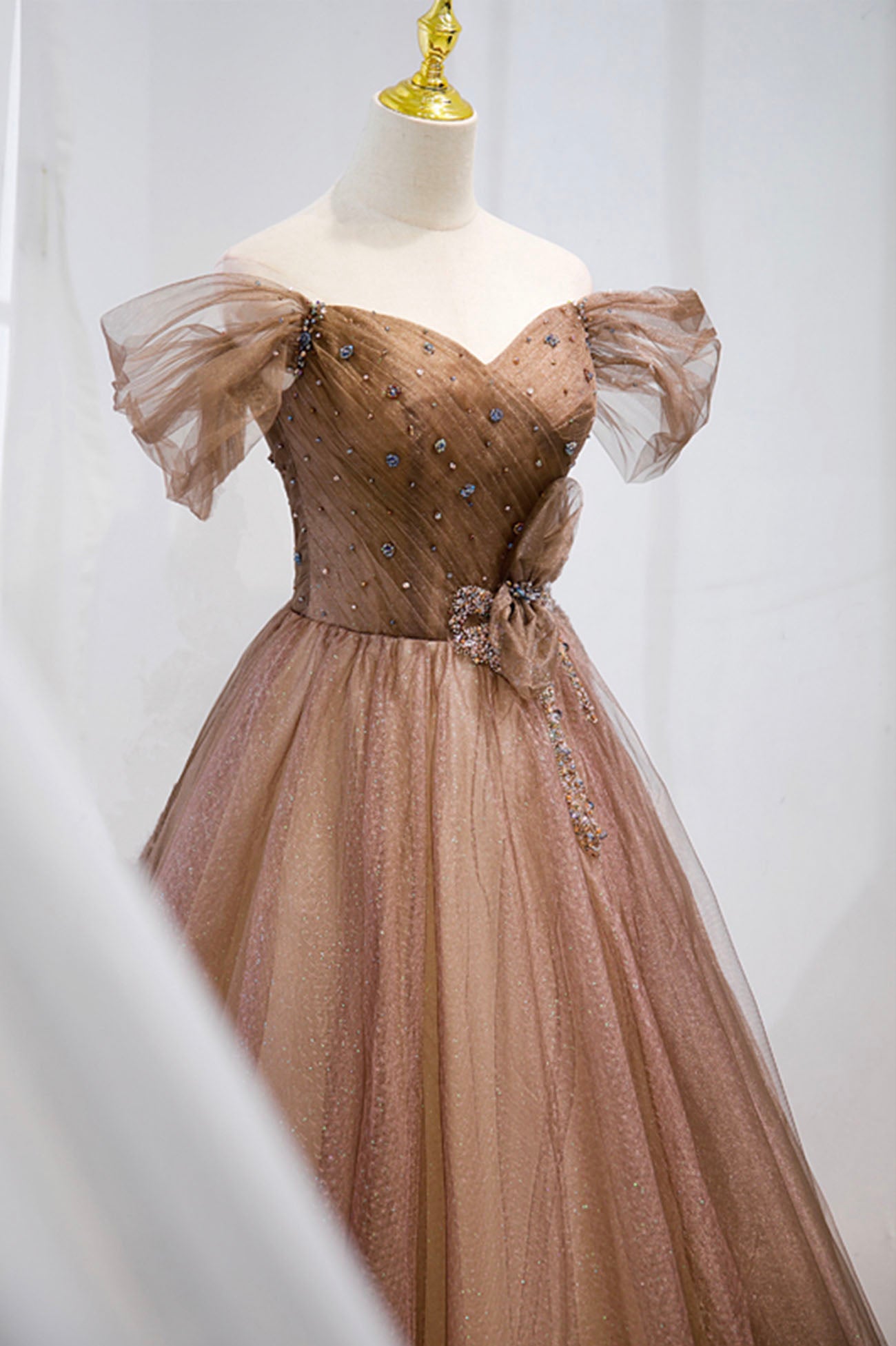 A-Line Tulle Beaded Long Formal Dress, Off the Shoulder Evening Dress