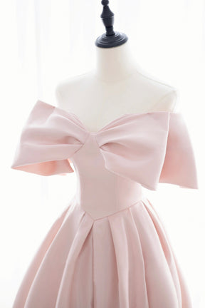 Pink Satin Long Prom Dress, Cute Off Shoulder Evening Dress