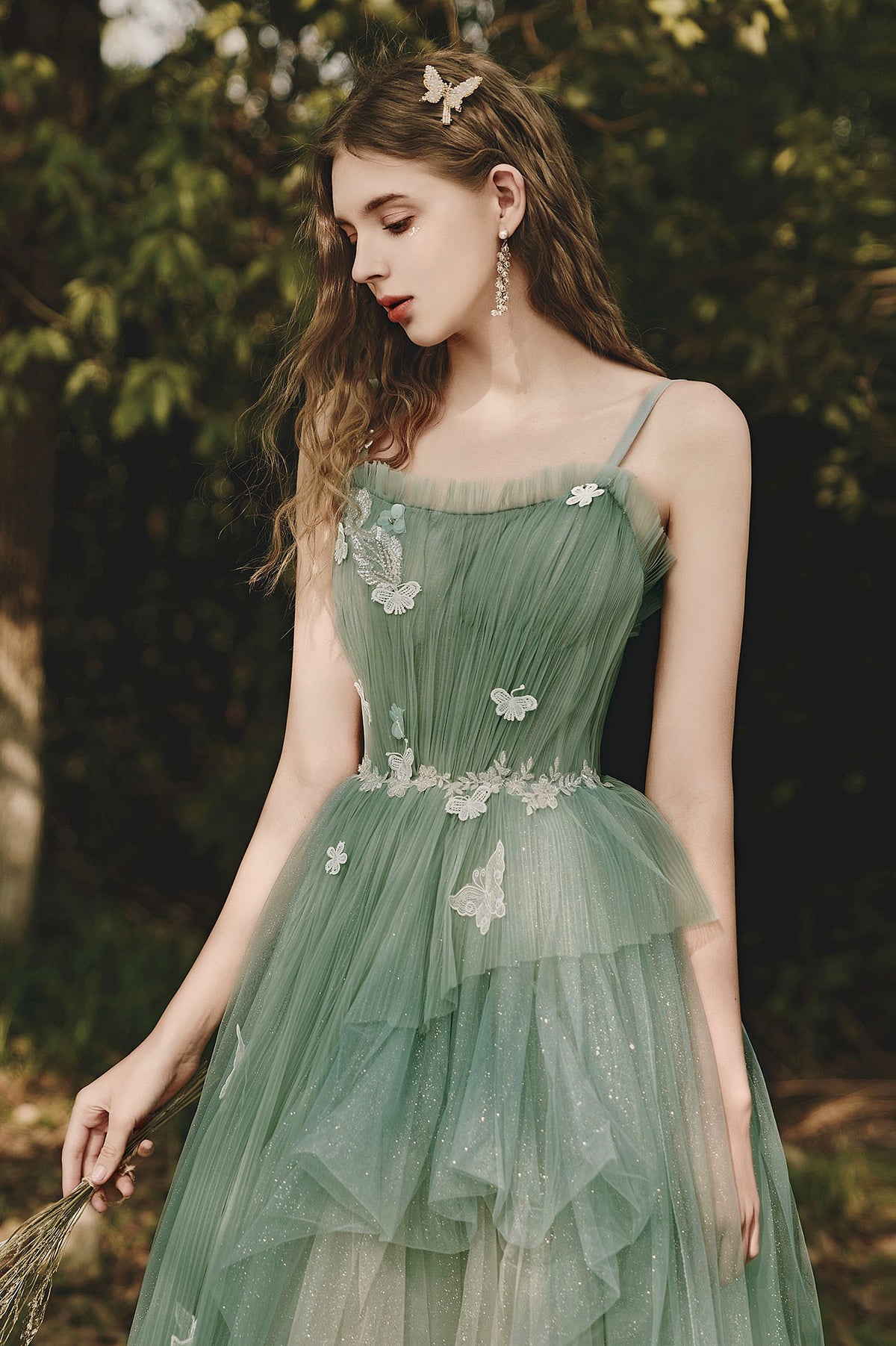 Dark Green Lace Tulle Long Prom Dresses, Dark Green Formal Graduation  Evening Dresses with Lace Appliques SP2366