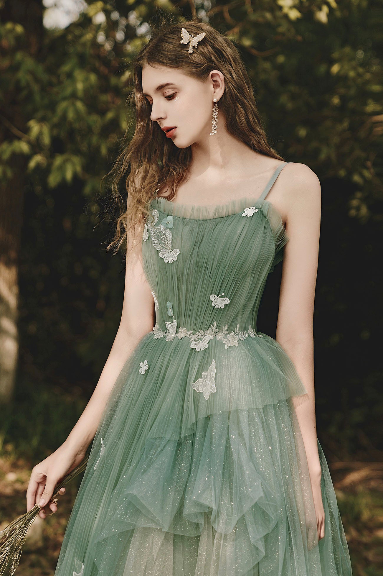Green Tulle Long A-Line Prom Dress with Lace, Beautiful Spaghetti Strap Graduation Dress