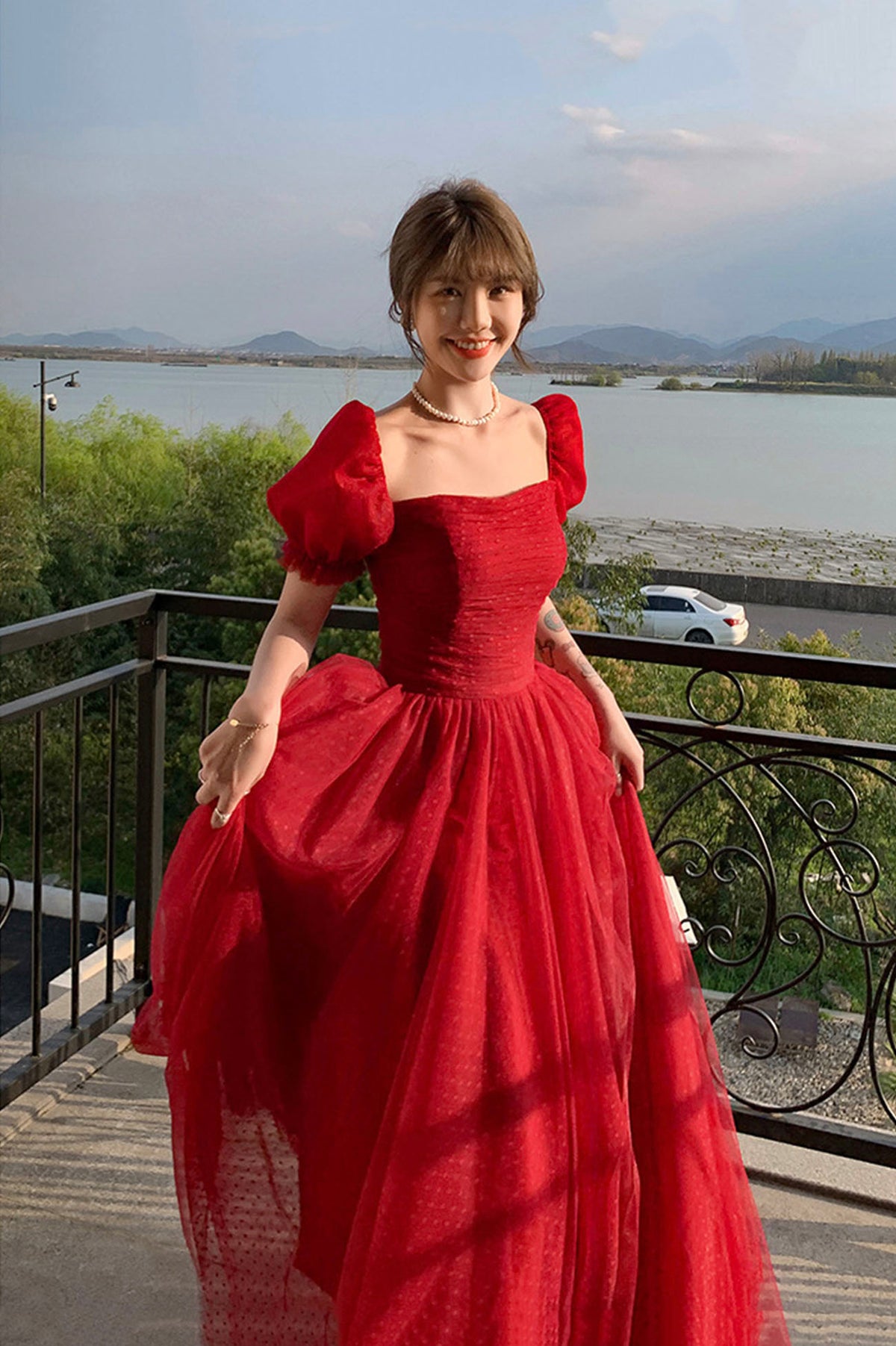Red Tulle Long A-Line Prom Dress, Cute Short Sleeve Graduation Dress
